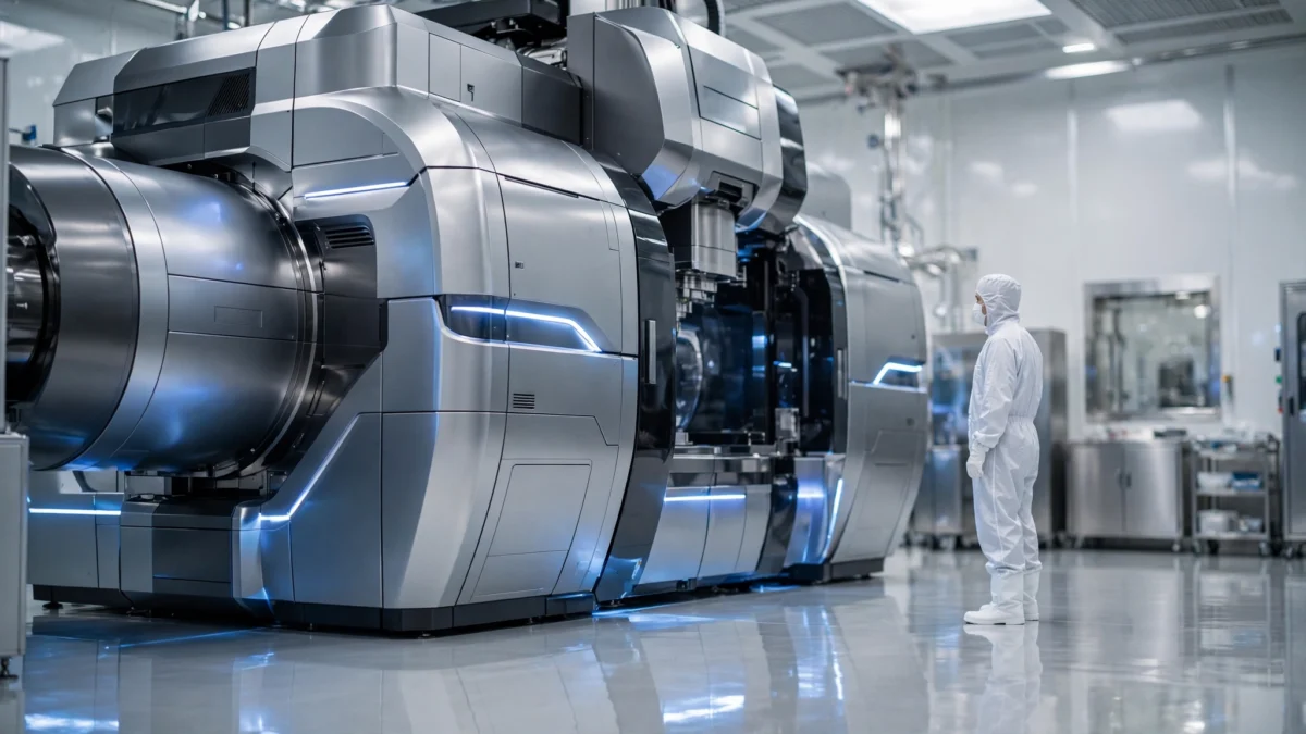 Cleanroom engineer in a white protective suit standing beside a large lithography machine in a semiconductor cleanroom.