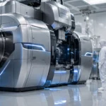 Cleanroom engineer in a white protective suit standing beside a large lithography machine in a semiconductor cleanroom.