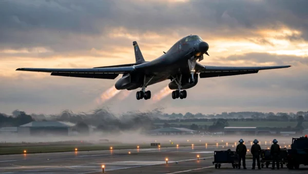A US Air Force B-1B Lancer bomber taking off from RAF Fairford in England at dawn