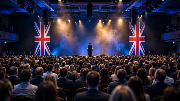 A speaker silhouetted at a podium in a packed conference hall flanked by Union Jack flags, representing Kemi Badenoch's keynote at the Conservative Party conference in Birmingham
