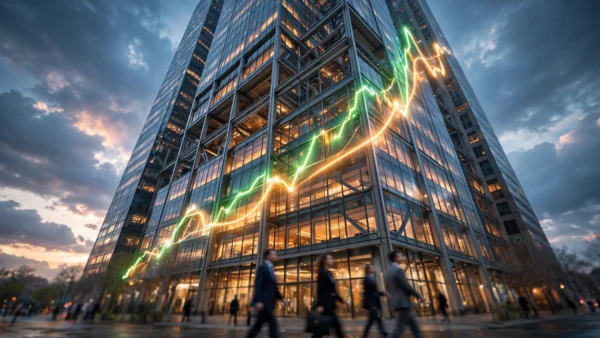 Glass-and-steel Wall Street bank headquarters at dawn with a glowing stock chart climbing across its facade as business people walk past