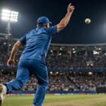 Indian fast bowler in a blue jersey delivering the ball under floodlights at a packed cricket stadium during a T20 international