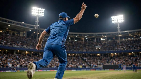 Indian fast bowler in a blue jersey delivering the ball under floodlights at a packed cricket stadium during a T20 international