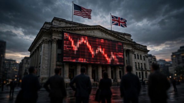 Stock exchange building at dusk with a large screen showing steep falling red chart lines, American and British flags flying