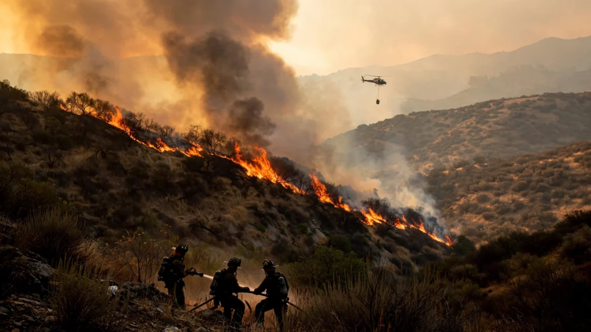 Firefighters battle the Bouquet Fire burning through chaparral hills near Santa Clarita, California, as a helicopter makes water drops