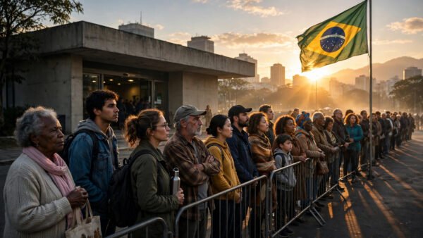 Brazilian voters queue at a polling station on election day 2026