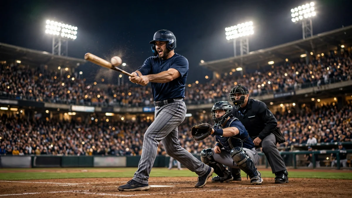A batter swings at a pitch in a packed, floodlit stadium during a night-time baseball playoff game