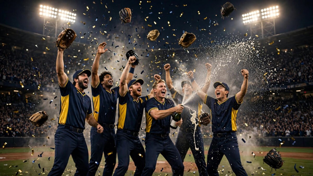 Milwaukee Brewers players in navy and gold uniforms celebrate under stadium floodlights after sweeping the Dodgers in the 2026 NLCS
