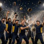 Milwaukee Brewers players in navy and gold uniforms celebrate under stadium floodlights after sweeping the Dodgers in the 2026 NLCS
