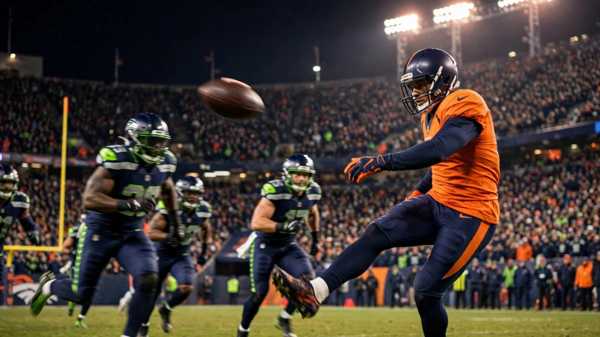 Denver Broncos kicker striking a game-winning overtime field goal at night in a packed stadium as Seattle Seahawks defenders rush in
