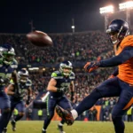Denver Broncos kicker striking a game-winning overtime field goal at night in a packed stadium as Seattle Seahawks defenders rush in