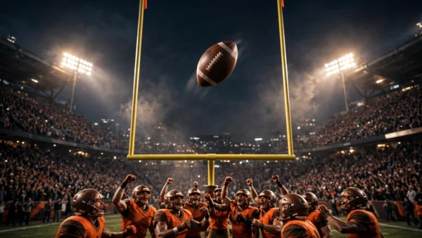 American football sailing through the goalposts under stadium floodlights as players in orange uniforms celebrate below, Cleveland Browns vs Pittsburgh Steelers Thursday Night Football