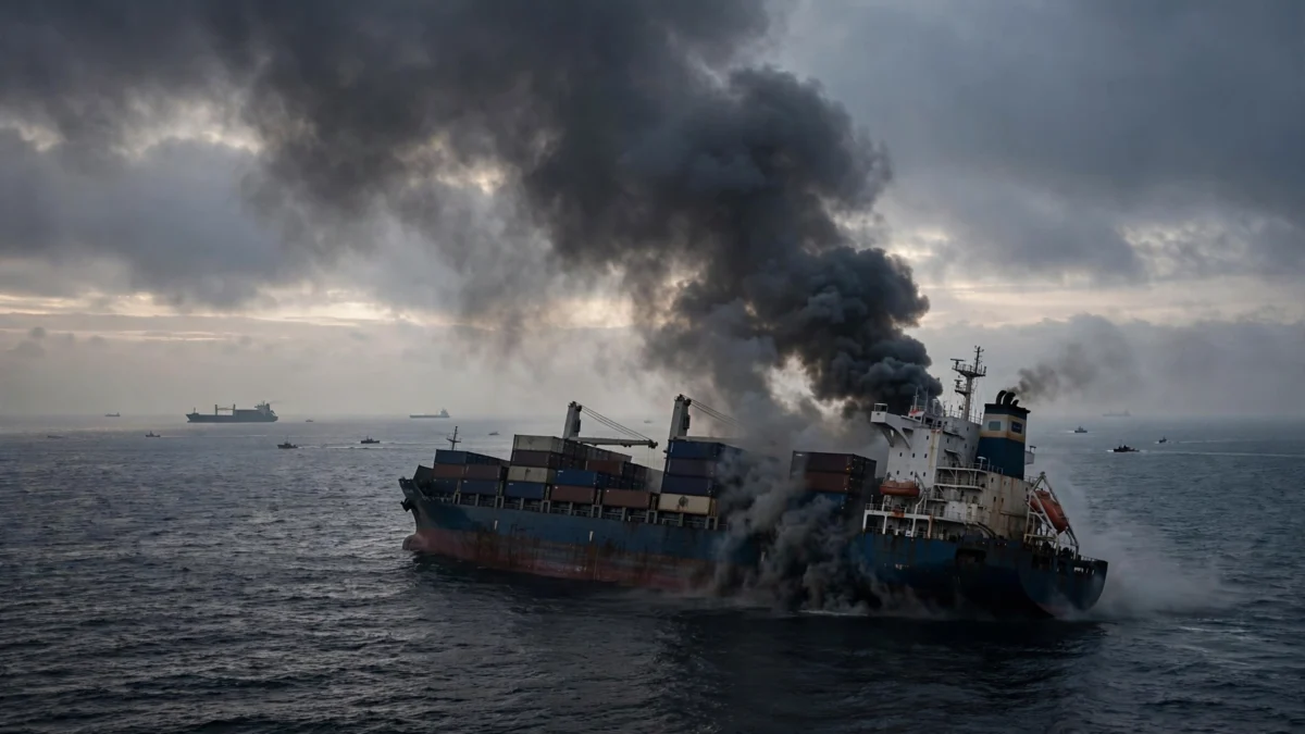 A damaged cargo ship emitting thick black smoke over the Black Sea at dawn, representing the drone strikes on two vessels off Bulgaria's coast