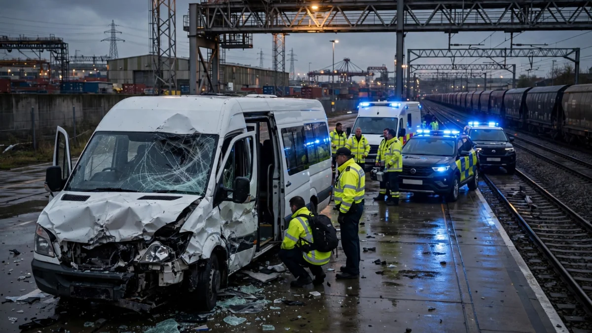 Damaged white minibus on a railway loading platform at dusk as emergency services respond to the Channel Tunnel collision at Coquelles, France.