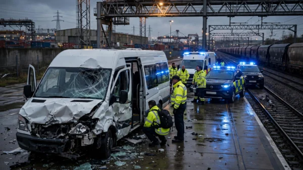 Damaged white minibus on a railway loading platform at dusk as emergency services respond to the Channel Tunnel collision at Coquelles, France.