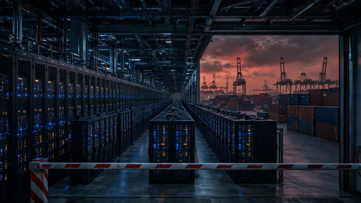 Vast data center with rows of server racks behind a red-and-white border barrier gate, shipping containers and port cranes at dusk — illustrating China's proposed export controls on AI technology.