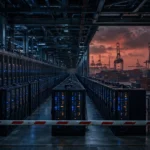 Vast data center with rows of server racks behind a red-and-white border barrier gate, shipping containers and port cranes at dusk — illustrating China's proposed export controls on AI technology.