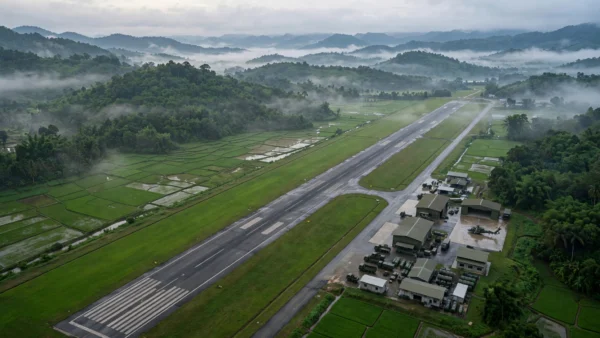 Aerial view of the new China-Laos joint military airfield at Ban Keun, Laos, with runway and hangars amid tropical fields