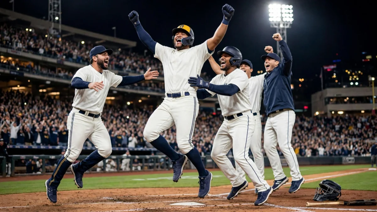 Milwaukee Brewers players celebrating Jackson Chourio's walk-off win over the San Diego Padres in Game 2 of the NLDS at night
