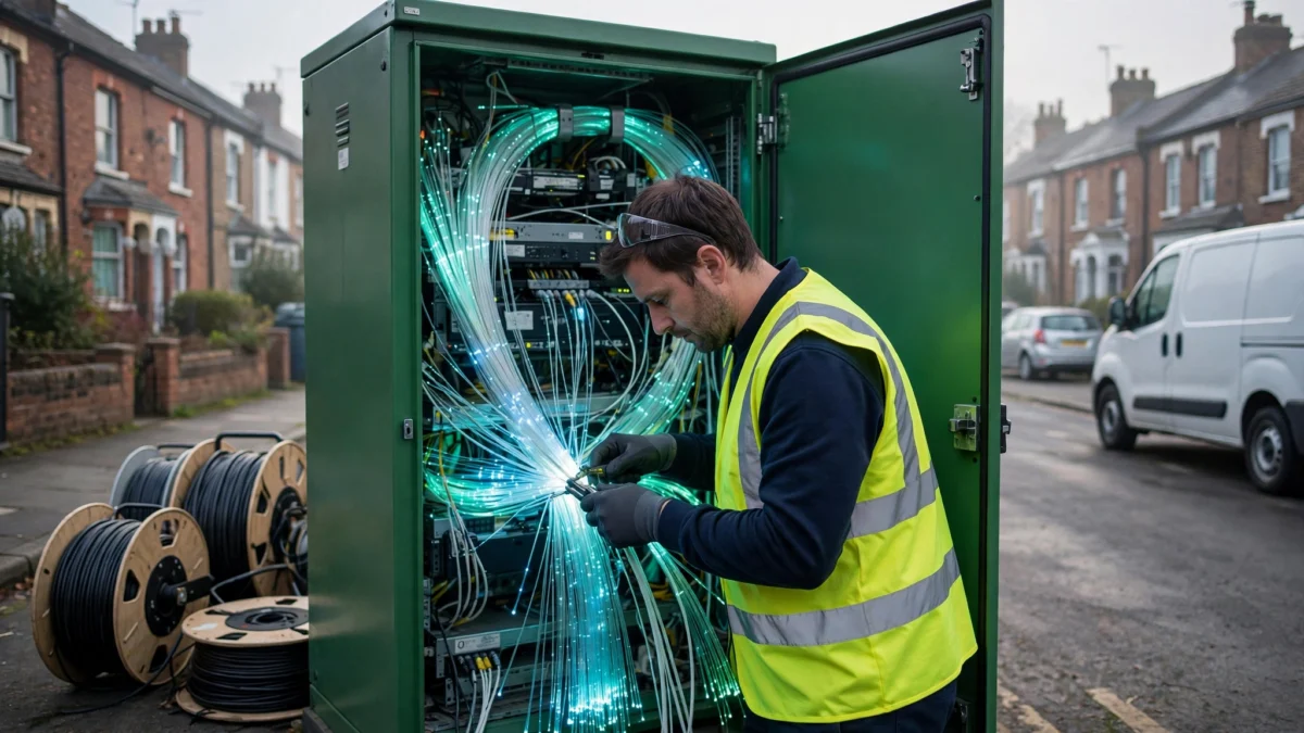 British fibre-broadband engineer splicing cables in a street cabinet