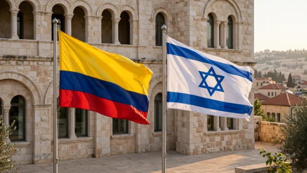 Colombian and Israeli flags flying side by side in front of a Jerusalem stone building, marking the opening of Colombia's embassy in Jerusalem.