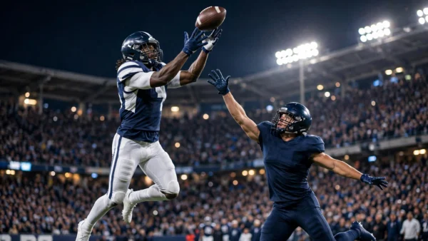 A wide receiver in navy and white leaps for a catch under bright stadium floodlights at night as a defender closes in