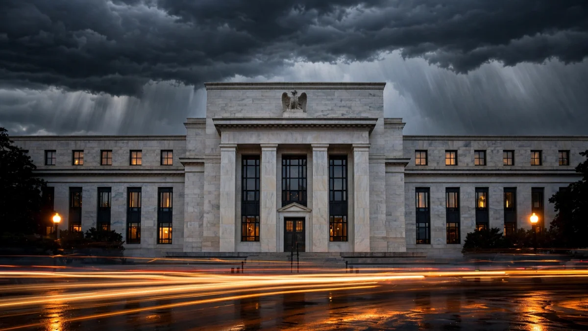 Photorealistic editorial photograph of the U.S. Federal Reserve building in Washington D.C. at dusk under storm clouds, with street light trails in the foreground.