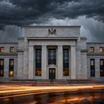 Photorealistic editorial photograph of the U.S. Federal Reserve building in Washington D.C. at dusk under storm clouds, with street light trails in the foreground.