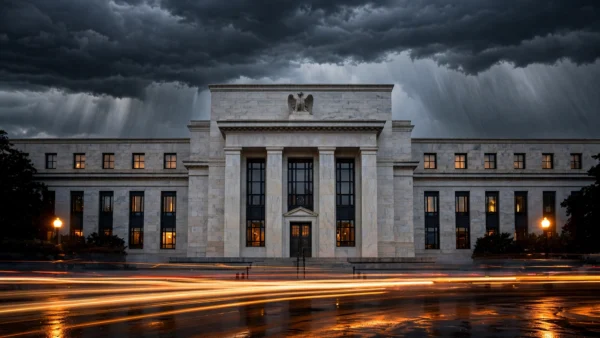 Photorealistic editorial photograph of the U.S. Federal Reserve building in Washington D.C. at dusk under storm clouds, with street light trails in the foreground.