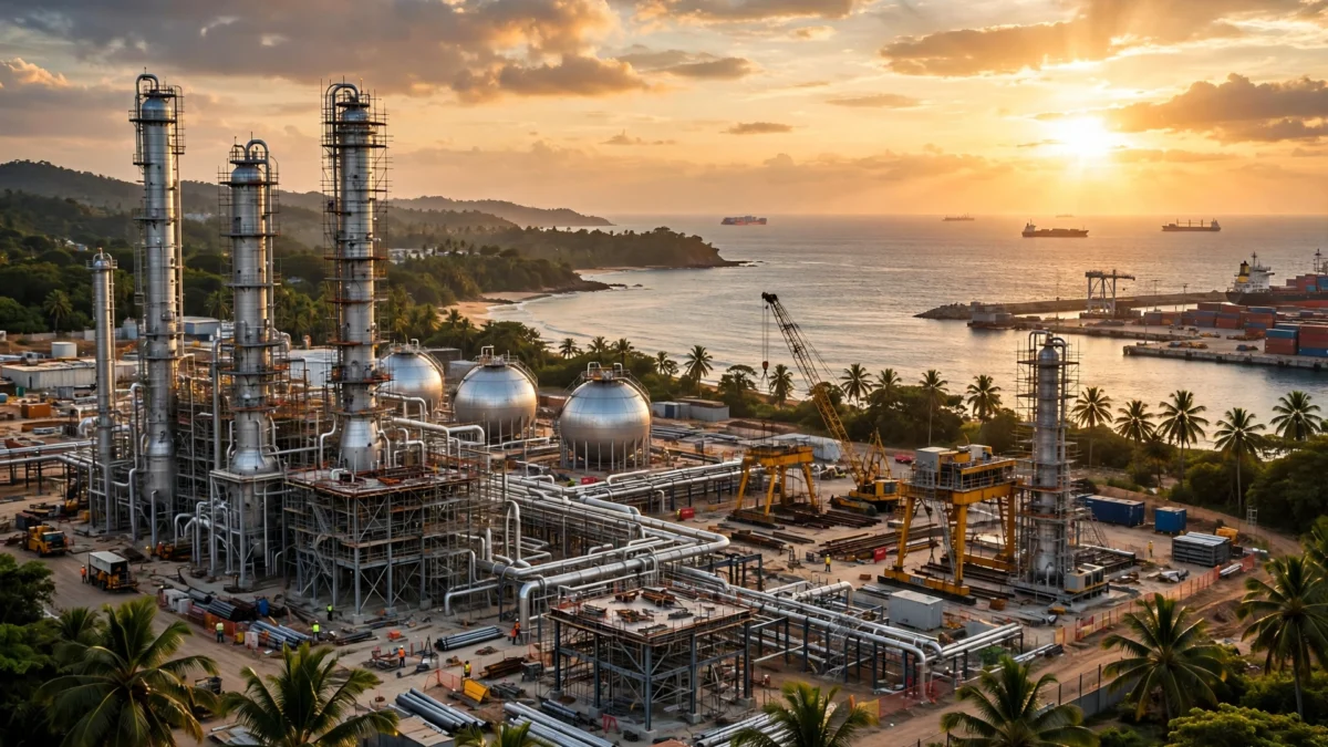 Aerial view of the planned Dangote East Africa Petroleum Refinery under construction on the tropical Lamu coast in Kenya, with distillation towers, a deep-water port and the Indian Ocean.