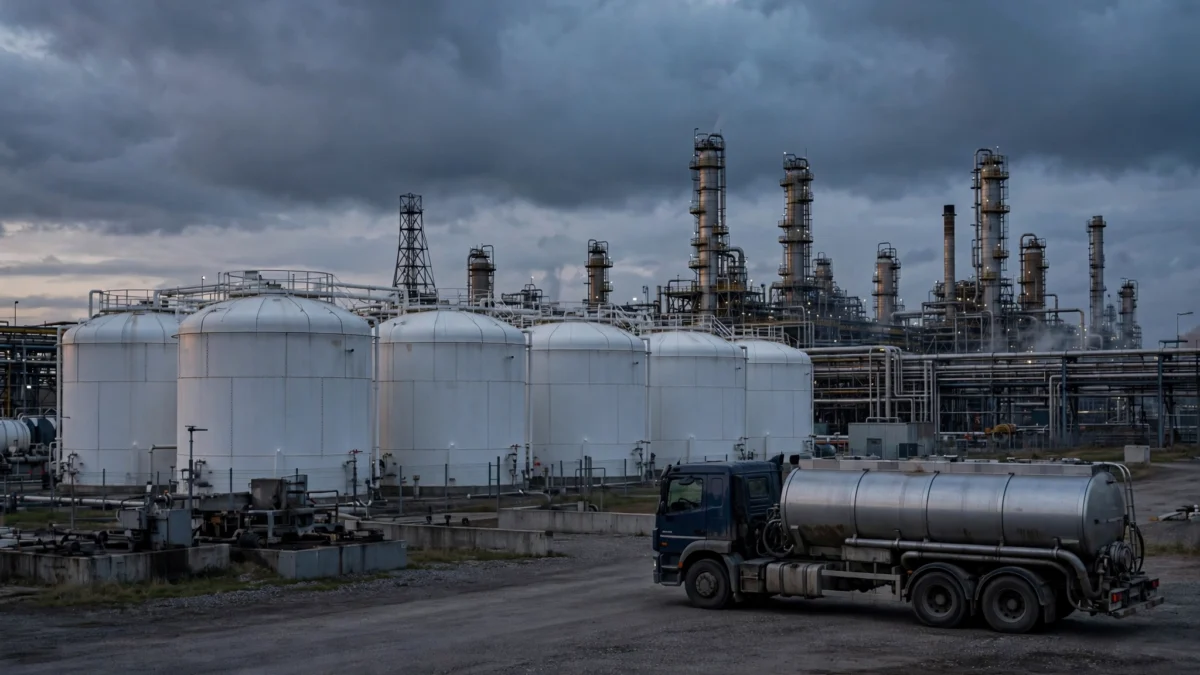 Row of large white diesel fuel storage tanks with a tanker truck at a fuel depot at dusk