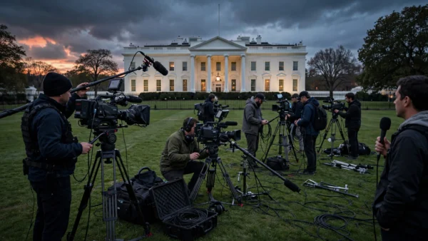 Television news camera crews with broadcast cameras set up on the White House lawn at dusk.