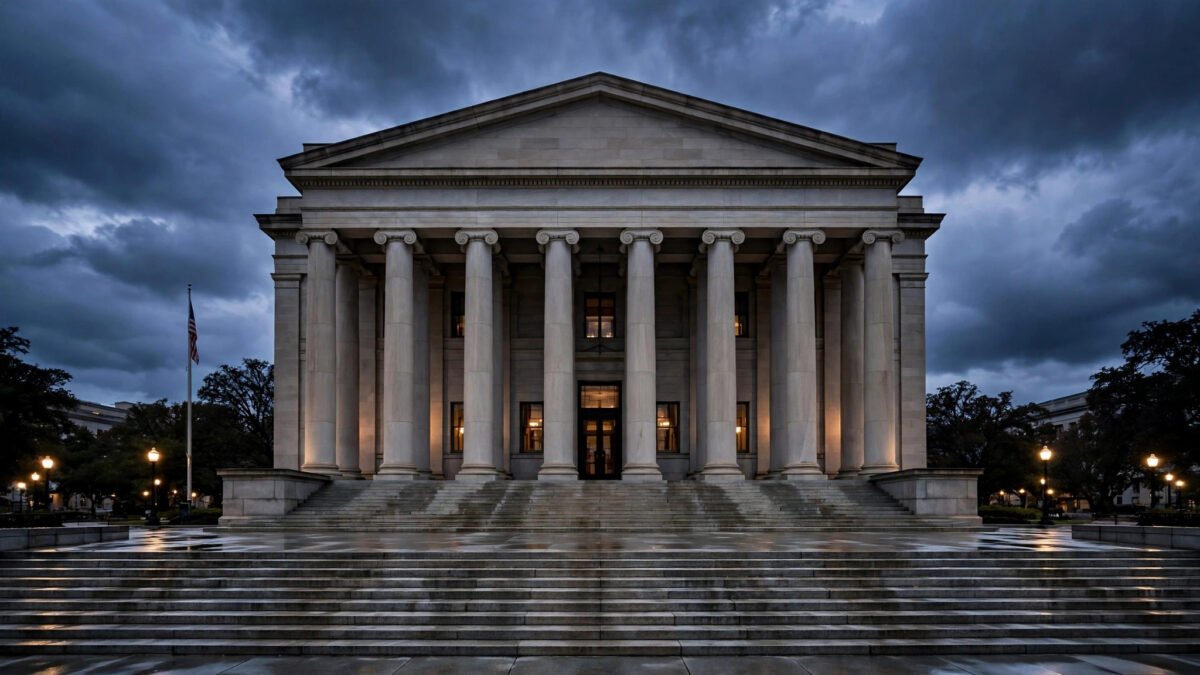 A grand neoclassical US federal courthouse facade with tall stone columns at dusk