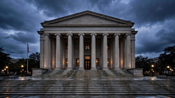 A grand neoclassical US federal courthouse facade with tall stone columns at dusk