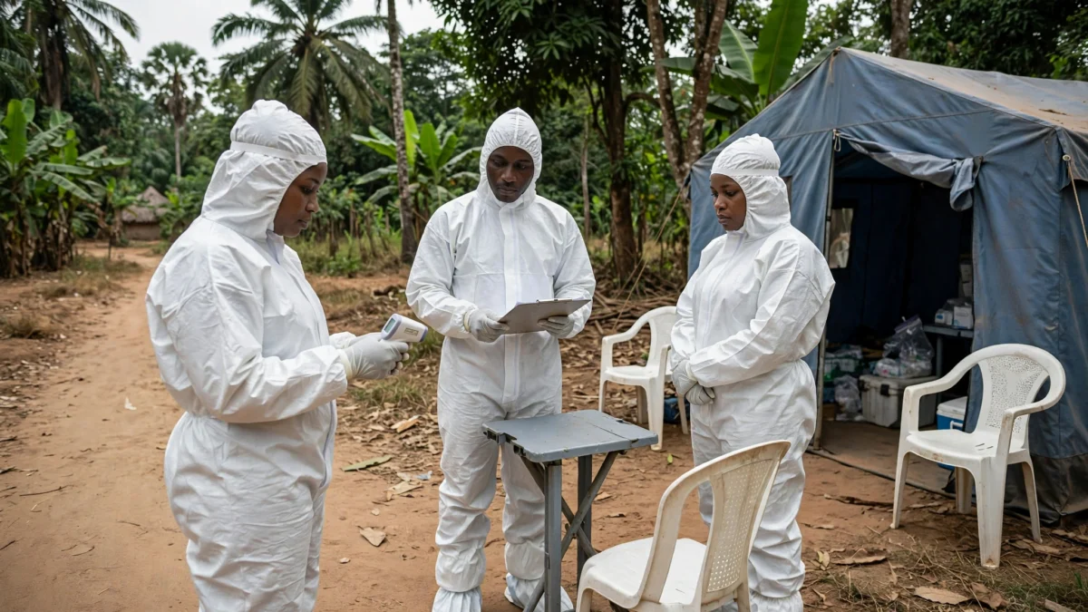 Health workers in full protective suits at an Ebola screening checkpoint in rural Democratic Republic of Congo