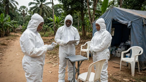 Health workers in full protective suits at an Ebola screening checkpoint in rural Democratic Republic of Congo