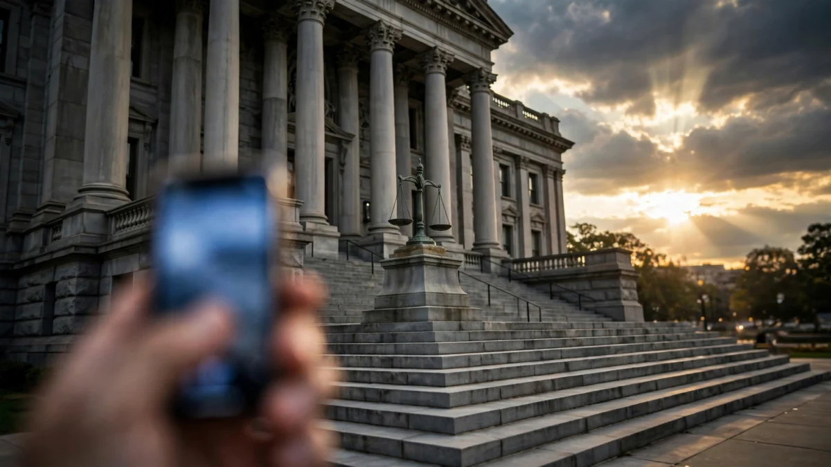 Stone steps and columns of an American courthouse with the scales of justice and a glowing smartphone in the foreground, illustrating the eight-state lawsuit against OpenAI over ChatGPT child safety.
