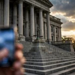 Stone steps and columns of an American courthouse with the scales of justice and a glowing smartphone in the foreground, illustrating the eight-state lawsuit against OpenAI over ChatGPT child safety.