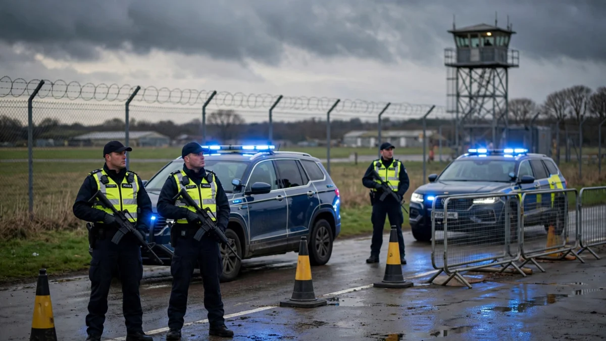 Armed police officers at a road checkpoint near RAF Fairford airbase at dusk