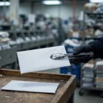 A postal inspector wearing gloves holds a sealed white envelope with tongs at a mail processing facility