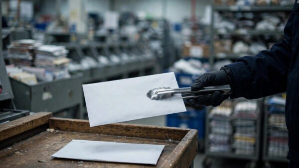 A postal inspector wearing gloves holds a sealed white envelope with tongs at a mail processing facility
