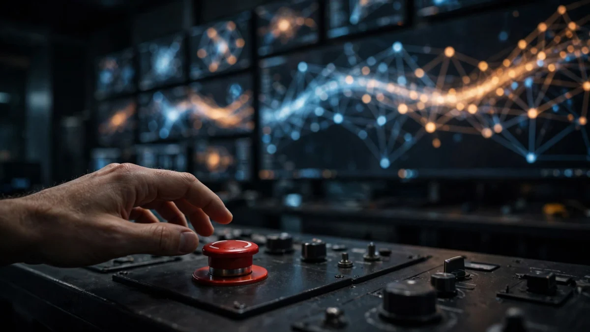 Editorial illustration: a banker's hand hovering near a red emergency-stop button beside a wall of monitors showing neural-network patterns, symbolising human oversight of AI agents in finance.