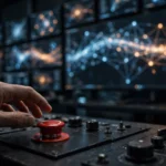 Editorial illustration: a banker's hand hovering near a red emergency-stop button beside a wall of monitors showing neural-network patterns, symbolising human oversight of AI agents in finance.