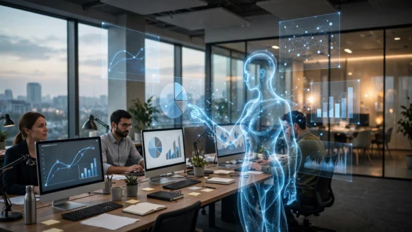 A glowing holographic AI agent figure made of blue light working alongside office professionals at desks with computer monitors and floating holographic charts in a modern office