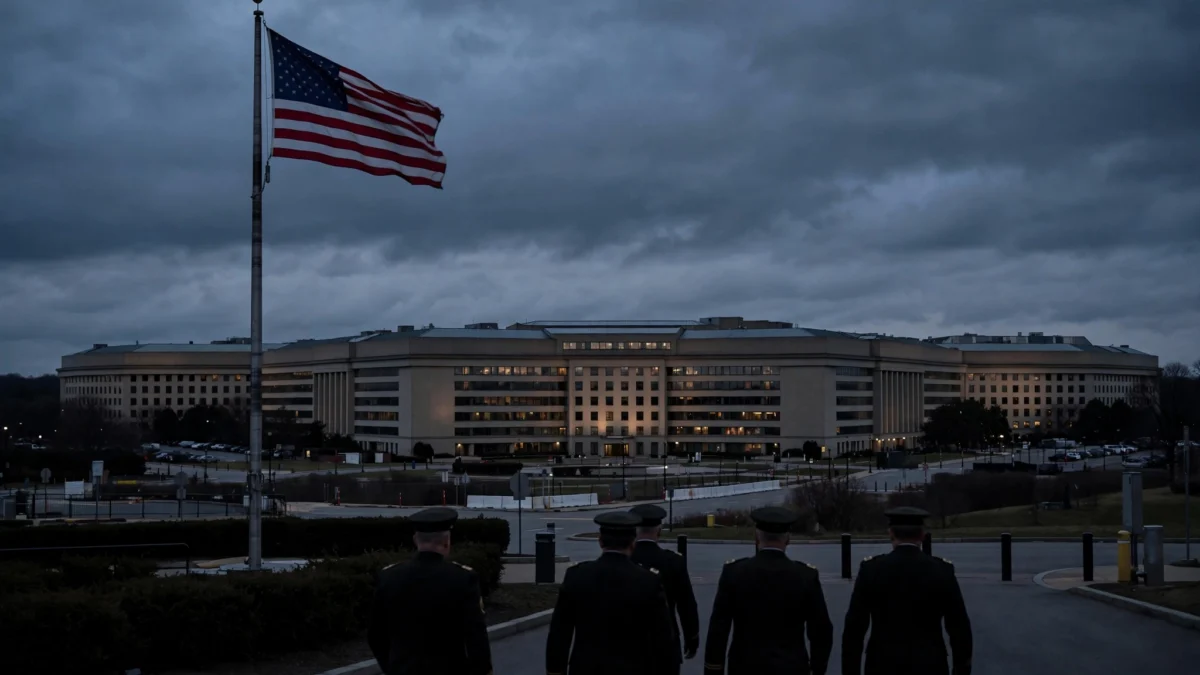The Pentagon at dusk with the American flag flying, where retired generals and admirals are urging the abandonment of plans to livestream Nidal Hasan's firing-squad execution
