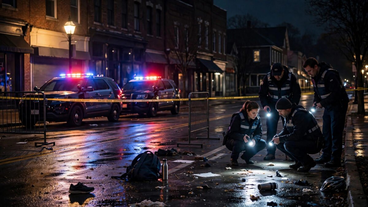 Night-time police crime scene on a small-town street in Vienna, Georgia, with flashing patrol cars and investigators examining evidence after a block party shooting.