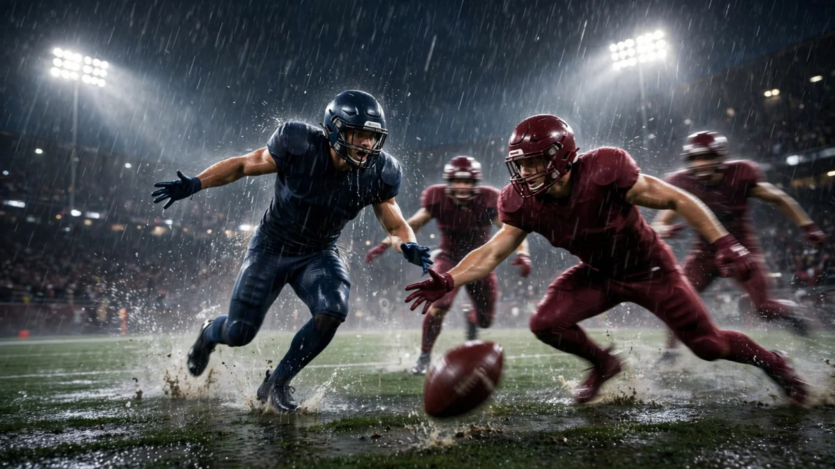 Rain-soaked American football scene at night as a running back fumbles the ball with defenders converging, illustrating the Giants' overtime collapse against the Commanders in their 27-27 NFL tie.