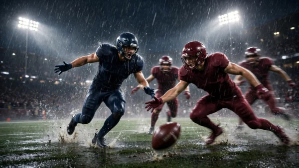 Rain-soaked American football scene at night as a running back fumbles the ball with defenders converging, illustrating the Giants' overtime collapse against the Commanders in their 27-27 NFL tie.