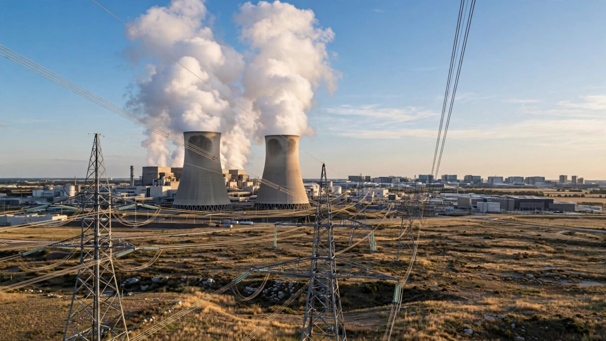 Cooling towers of a nuclear power plant under a clear sky, with power lines carrying electricity to distant data centres on the horizon