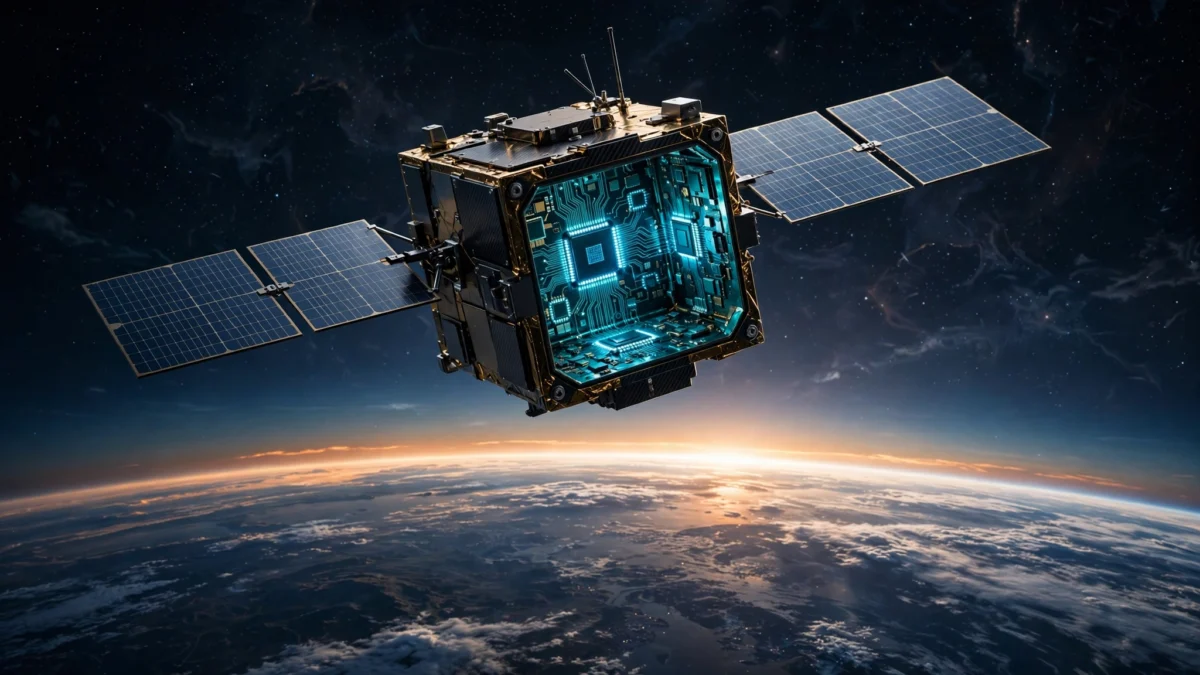 Prototype AI satellite with glowing computer circuitry and extended solar panels orbiting Earth above a glowing dawn horizon